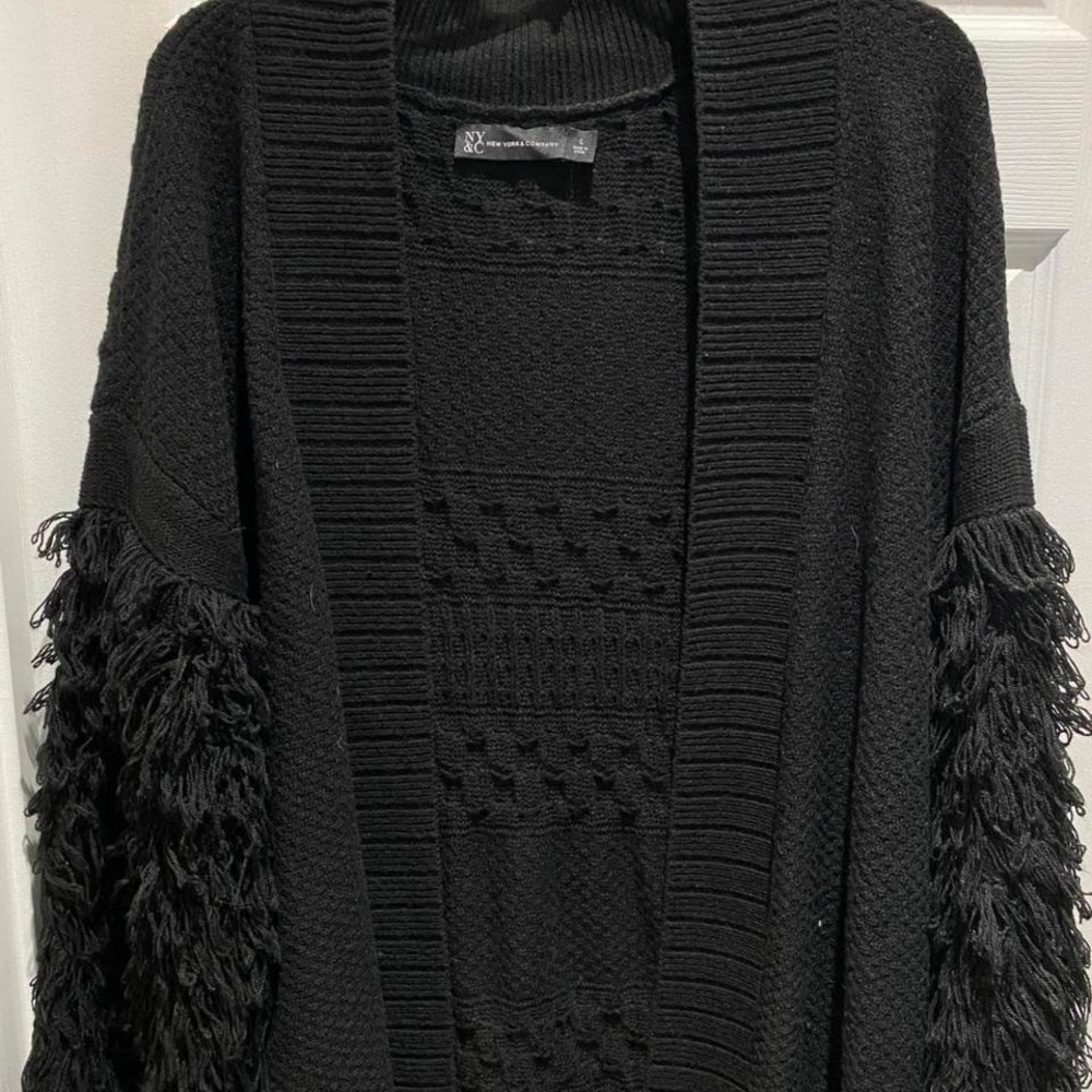 New York & Company‎ Black Fringe Sleeve Open Front Cardigan Sweater Size L